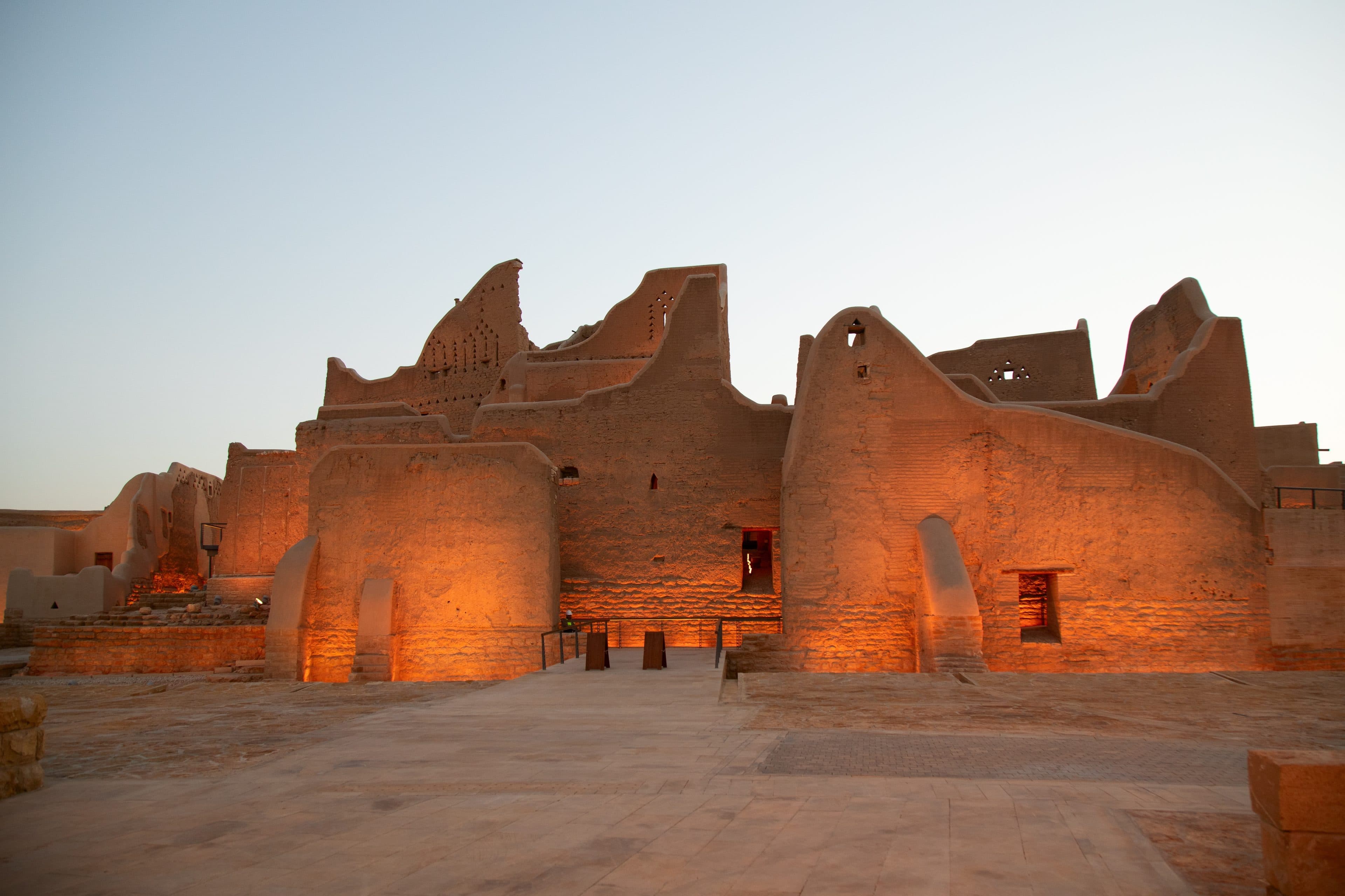 The mud-brick walls of Diriyah at sunset